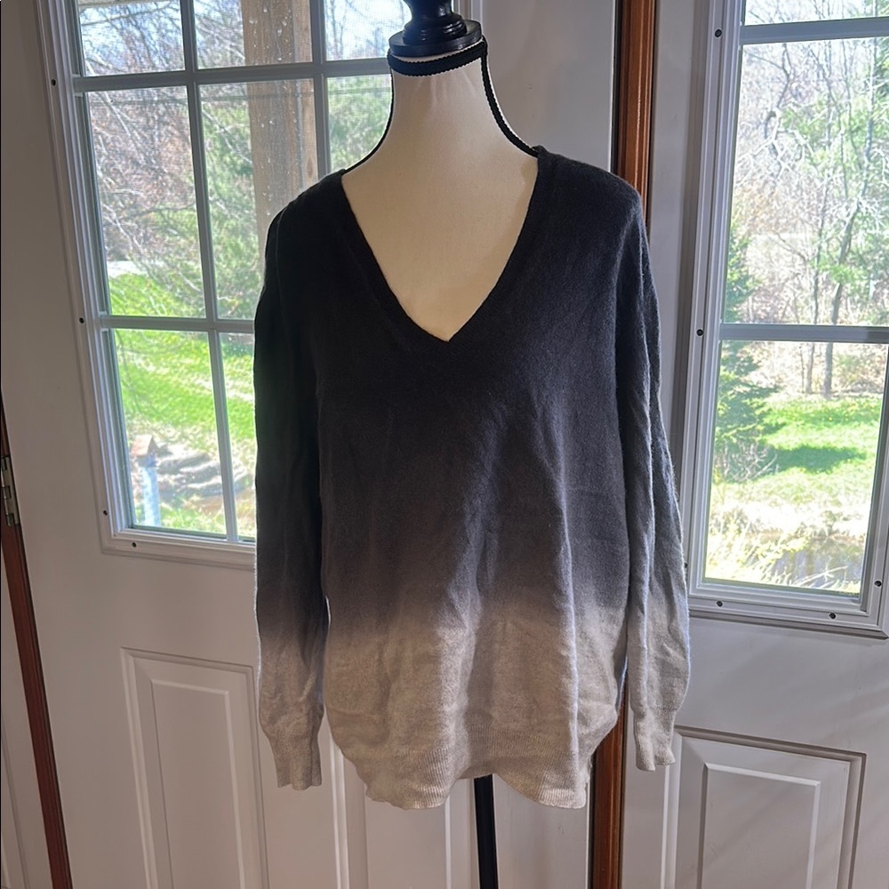 Lord & Taylor Cashmere Black and Gray Ombre V-Neck Sweater